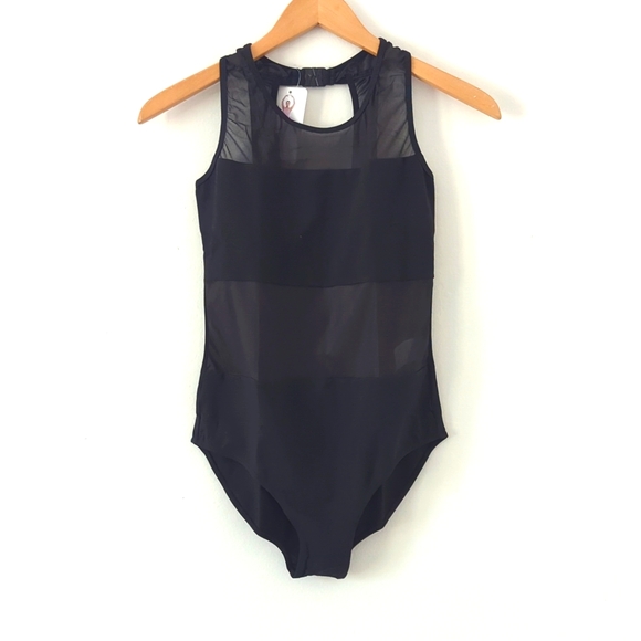 (3) NWT New Black Mesh Lace Halter Leotard Dance Gymnastics Bodysuit Sz Medium - Picture 2 of 12